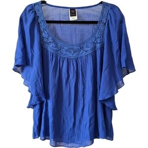 Wrapper Royal Blue Crochet Lace Neck Flutter Sleeve Boho Blouse Small Boho EUC